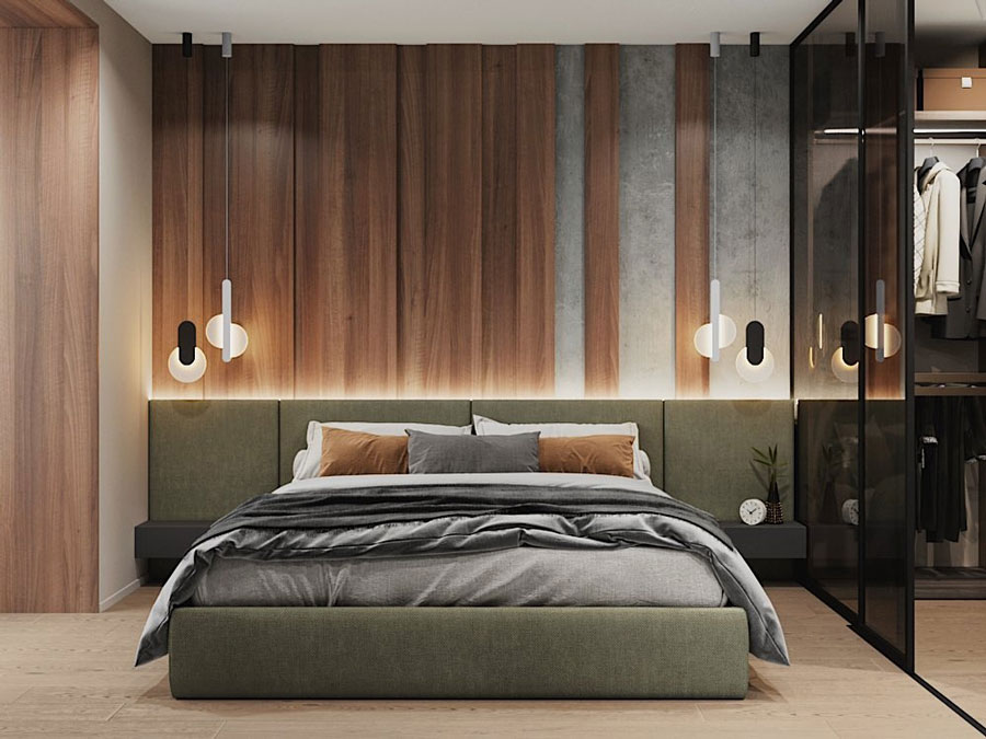 ترکیب بندی رنگ قهوه ای و سبز در دکوراسیون اتاق خواب و استفاده از تخت خواب پارچه ای لمسه دار